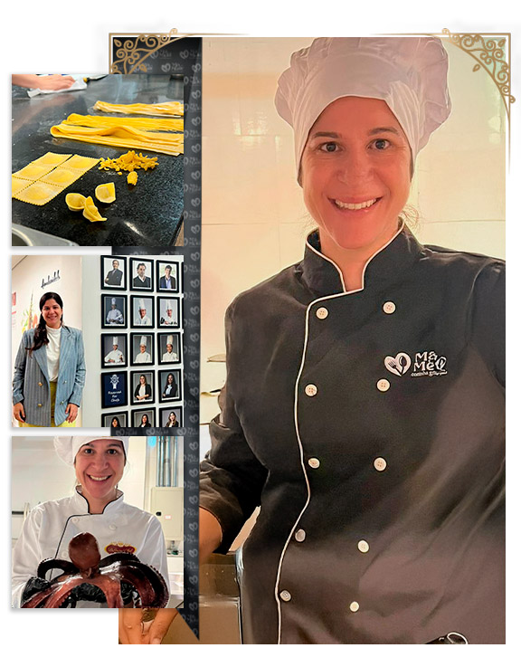 Chef Mayra Cacciari da Ma Mère com uniforme profissional em sua cozinha gourmet